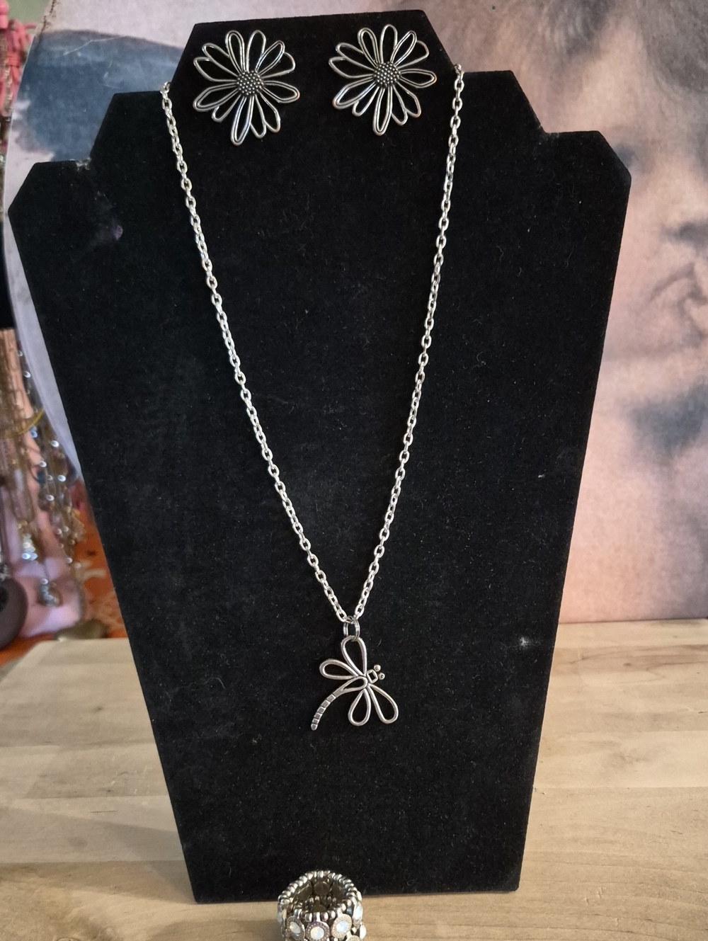 Silver Dragonfly Drop Necklace and Earrings Set